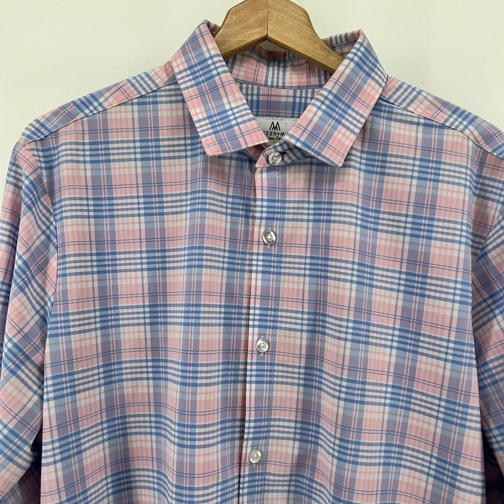 Mizzen+ Main‎ Shirt XL Trim Fit Pink Blue Plaid Stretch Performance USA Made